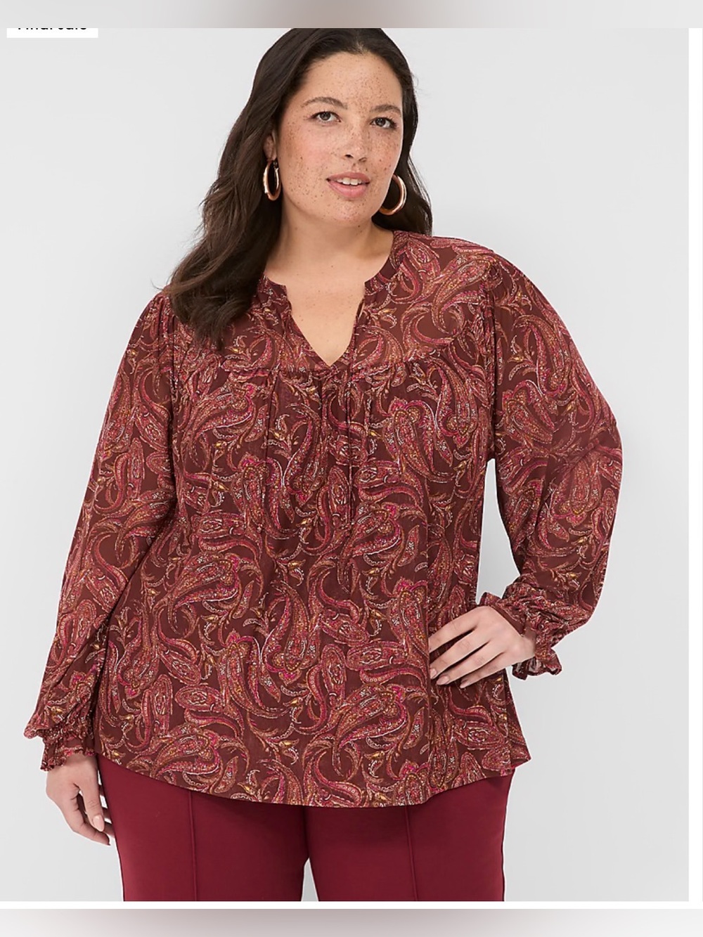 Lane Bryant Paisley Tie Neck Peasant Blouse Brown Long Sleeve Plus 26/28
